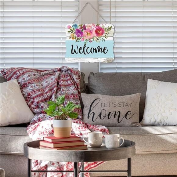 Welcome Hanging Sign Front Door Decor Wooden Welcome Sign Watercolor Floral - Picture 4 of 8